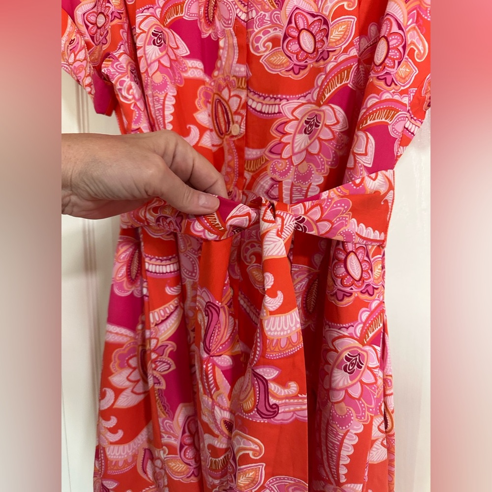 Talbots Red and Pink Paisley Midi Tie-Waist Shirt Dress - Picture 2 of 7